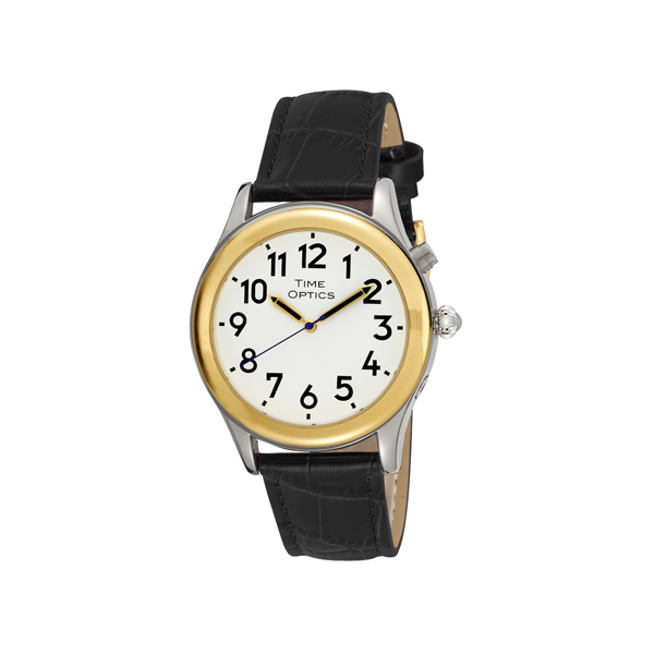 Man's Two Tone Talking Watch White Face: Leather Band - Black - Click Image to Close